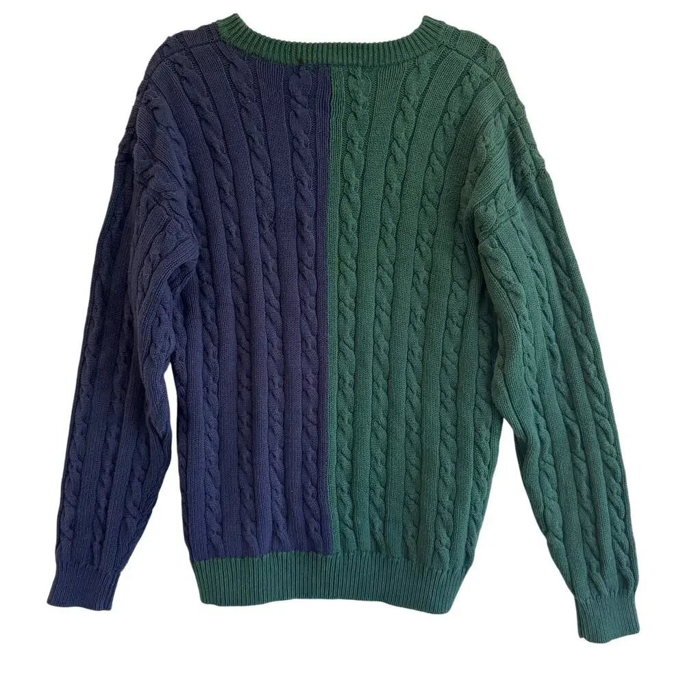 Vintage John Ashford 90s Colorblock Cable Knit Sweater Green Navy Cotton L